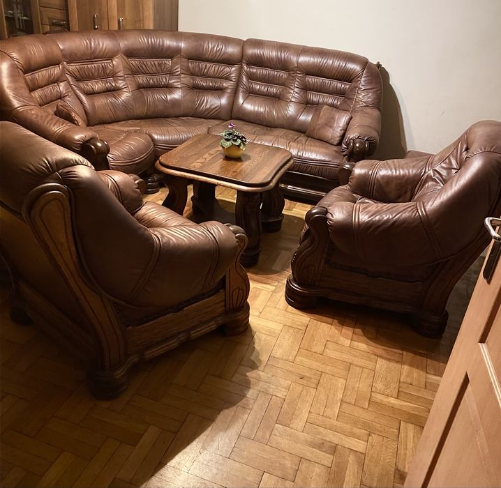 Kler Komplet wypoczynkowy skóra naturalna drewno dębowe zestaw mebli