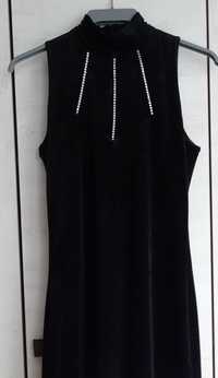 Długa czarna sukienka z cyrkoniami S na sylwestra/studniówkę