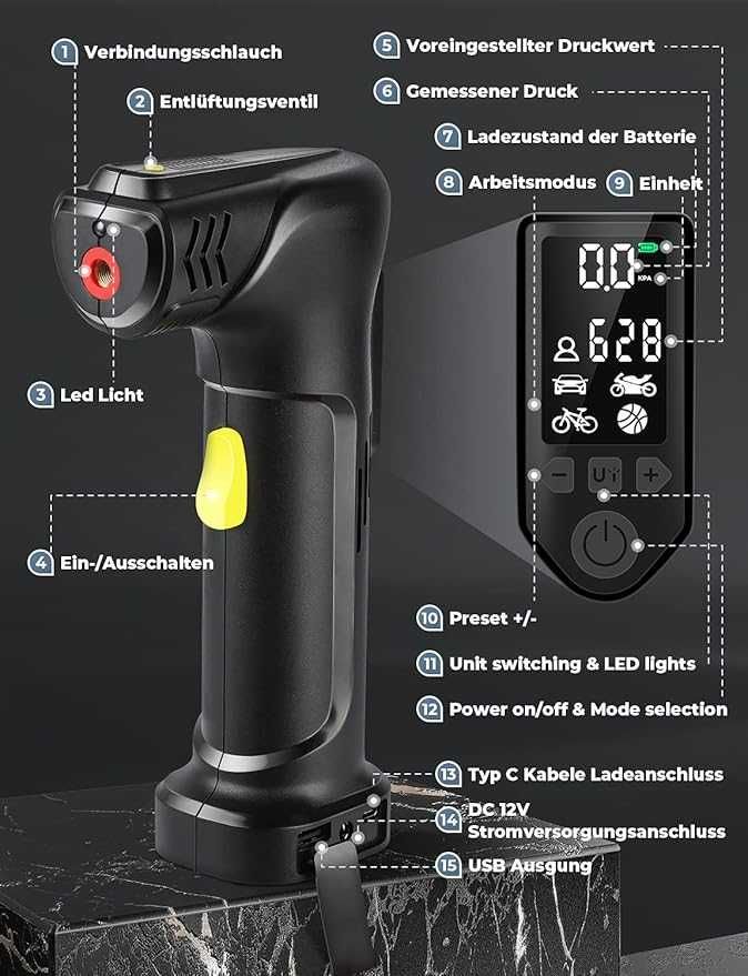 Pompa Powietrza Kompresor AC/DC z Akumulatorem 2000 mAh 12 V 120 PSI
