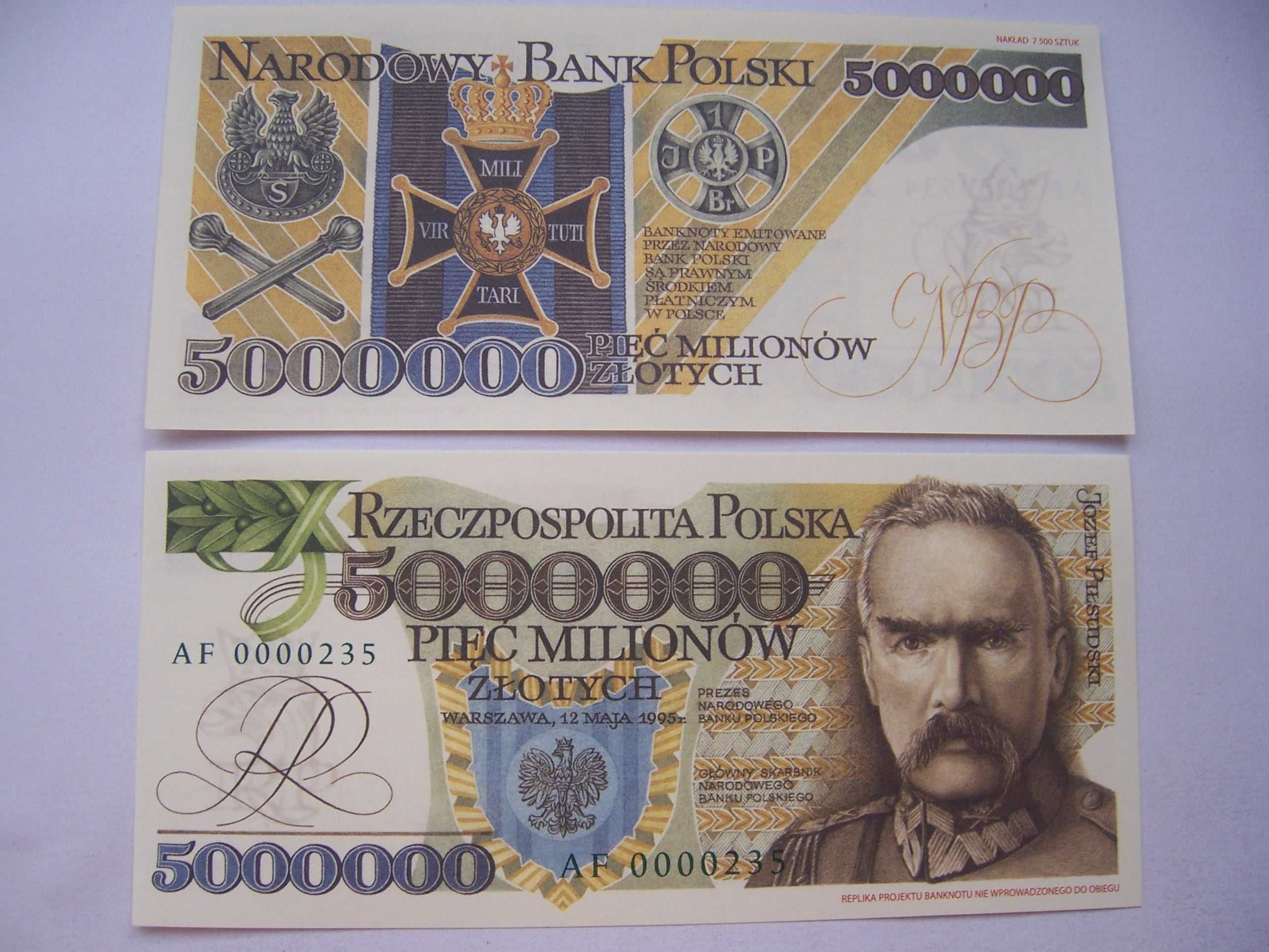 Banknot 5mln Józef Piłsudski ser AF zielone literki.