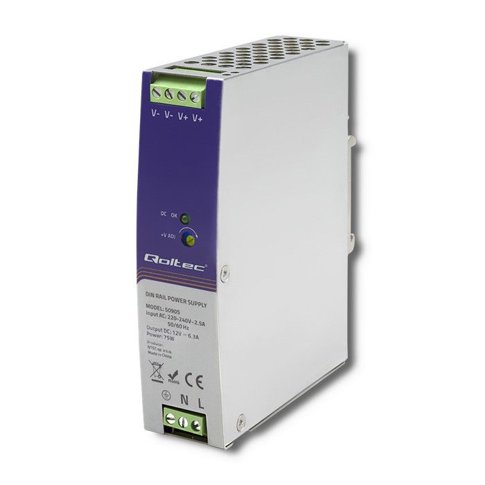 Przemysłowy zasilacz na szynę DIN 12V 75W 6.3A do taśm LED domofonu
