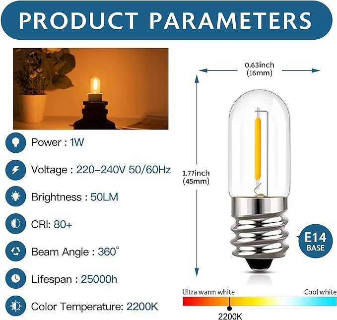 E14 LED 1W żarówka T16 Mała Ciepła biała 2200K