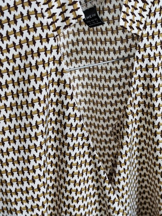 Bluzka damska pepitka brąz biały kopertowy dekolt dł rękaw M