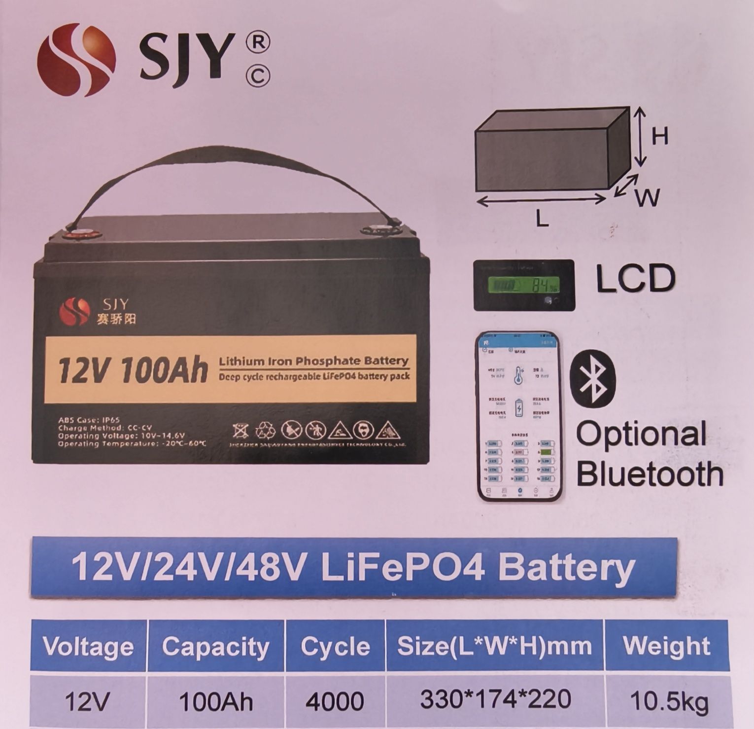Літій залізо фосфатний акумулятор SJY 12v LiFePO4 100ah зі Смарт BMS