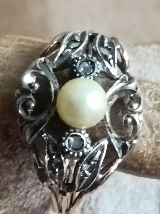 Anel Antigo Ouro Amarelo e Branco c/ Pérola e Zircões