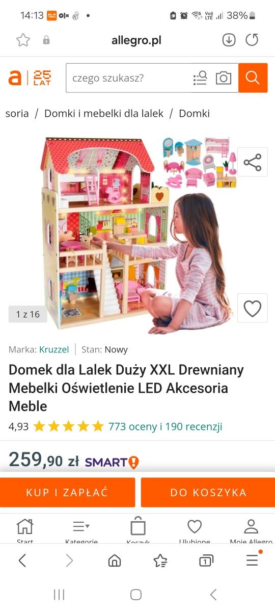 Duży drewniany domek dla lalek z oświetleniem led