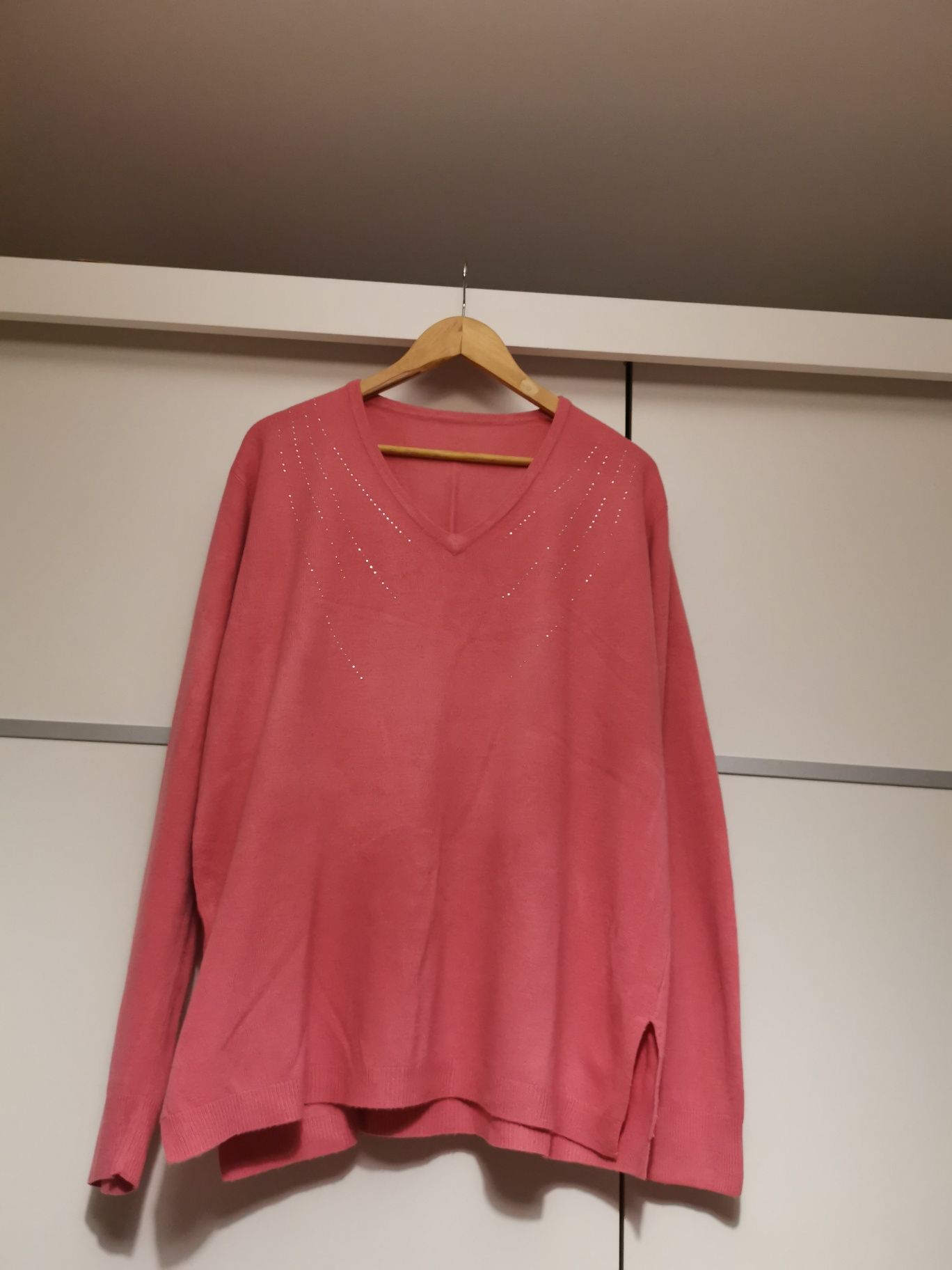 Różowy sweter bluzka plus size dżety wełna 56 8XL wiosna