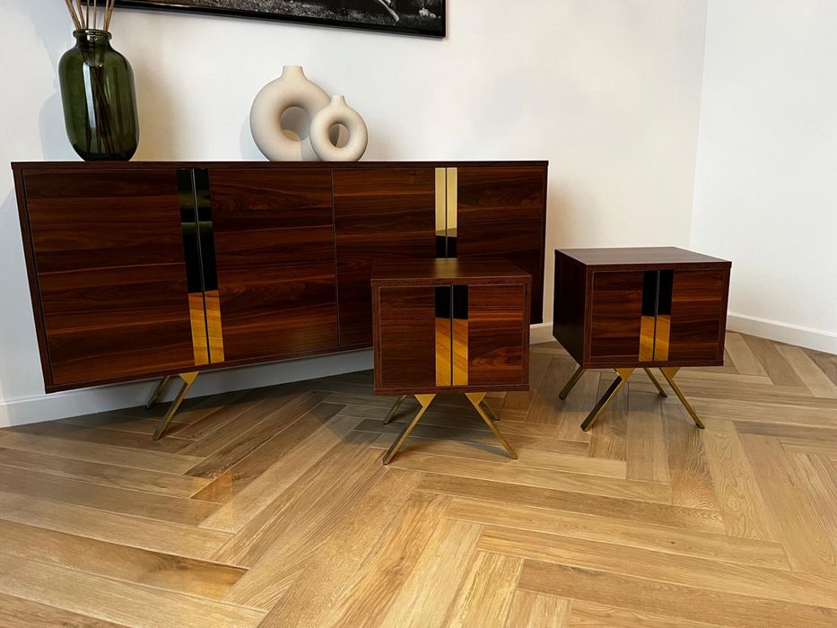 Komoda + 2 szafki nocne, nowoczesny design, drewno + złote detale
