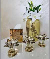 Świecznik kryształowy kwiat lotosu złoty z kryształkami Glamour nowy