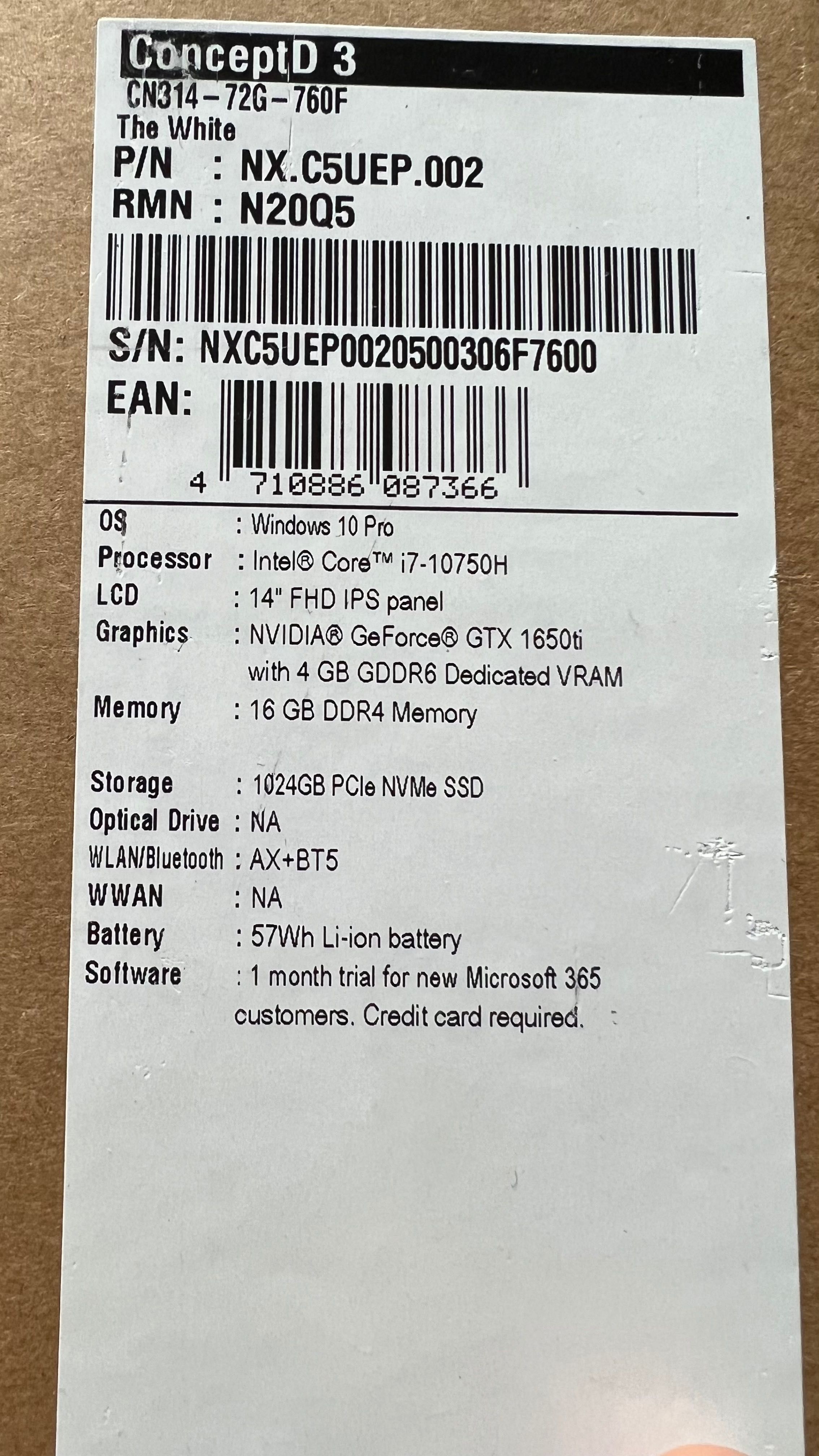 Acer ConceptD 3 CN314-72G - i7-10G - 1Tssd - 16G RAM - GTX 1650TI