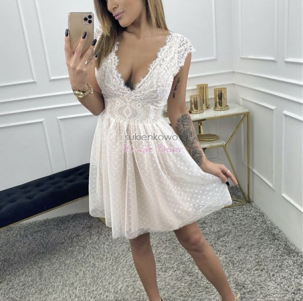 Koronkową tiulowa sukienka ślub wesele  boho style  pudrowy róż 36