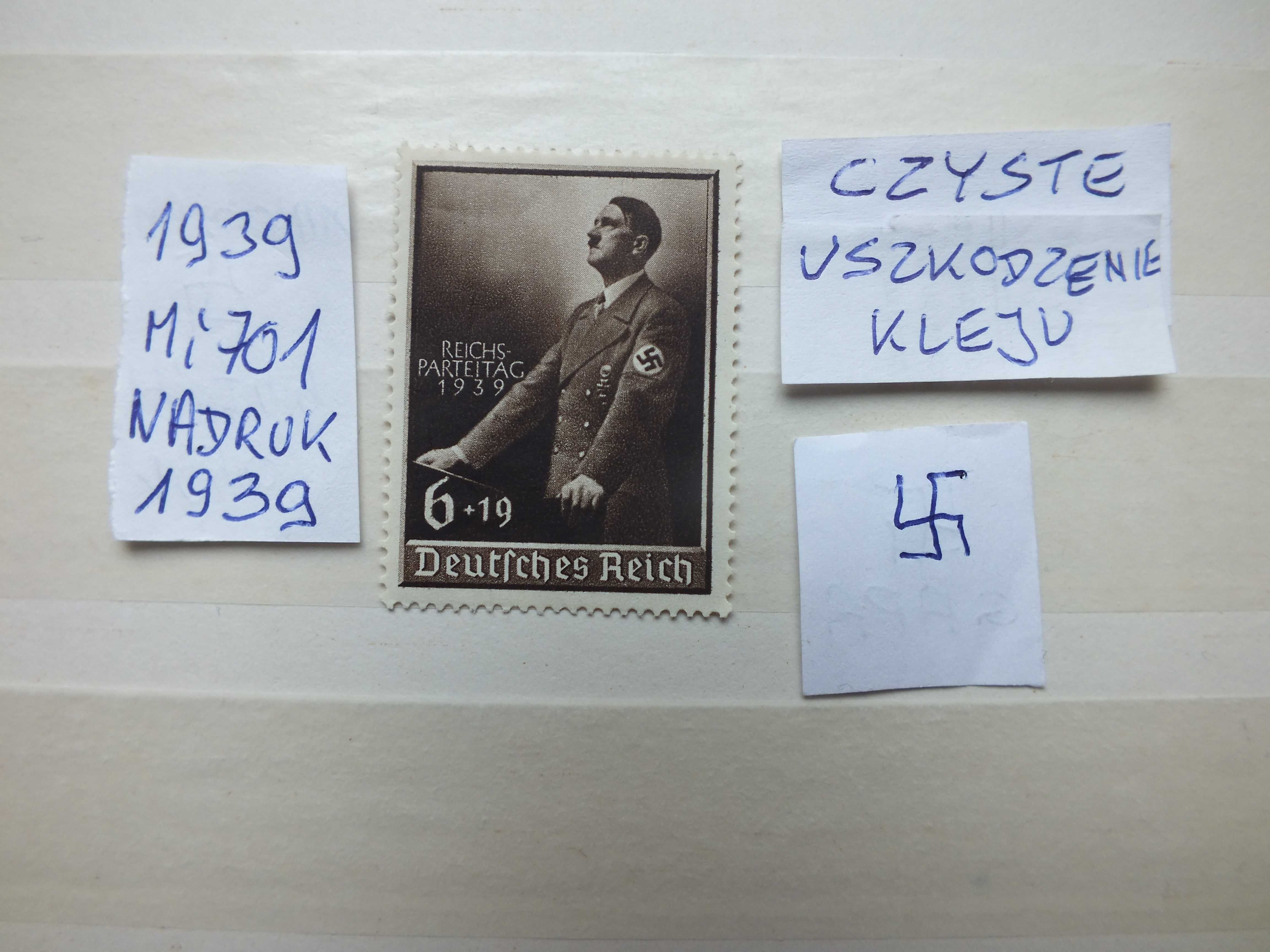 znaczki Mi 701 data Niemcy 1939r. Hitler Swastyka czysty Rzesza Reich