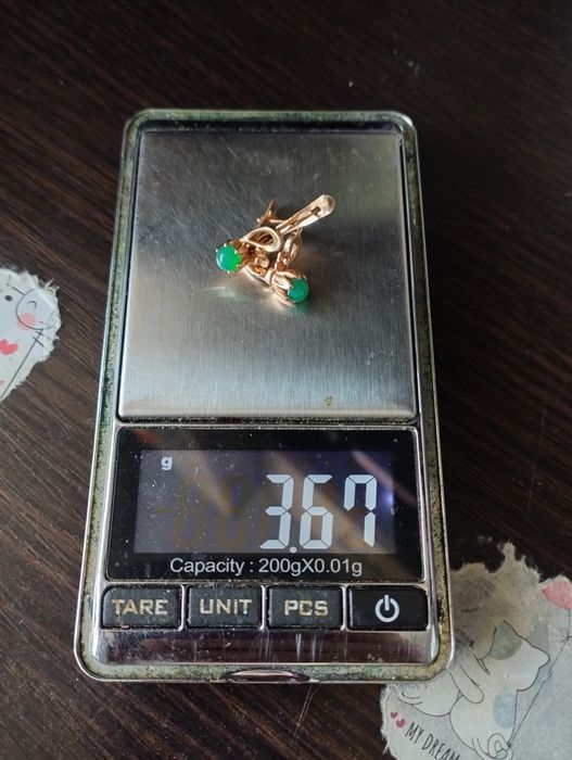 Золотые сережки СССР с хризопразом 3.67 грамма