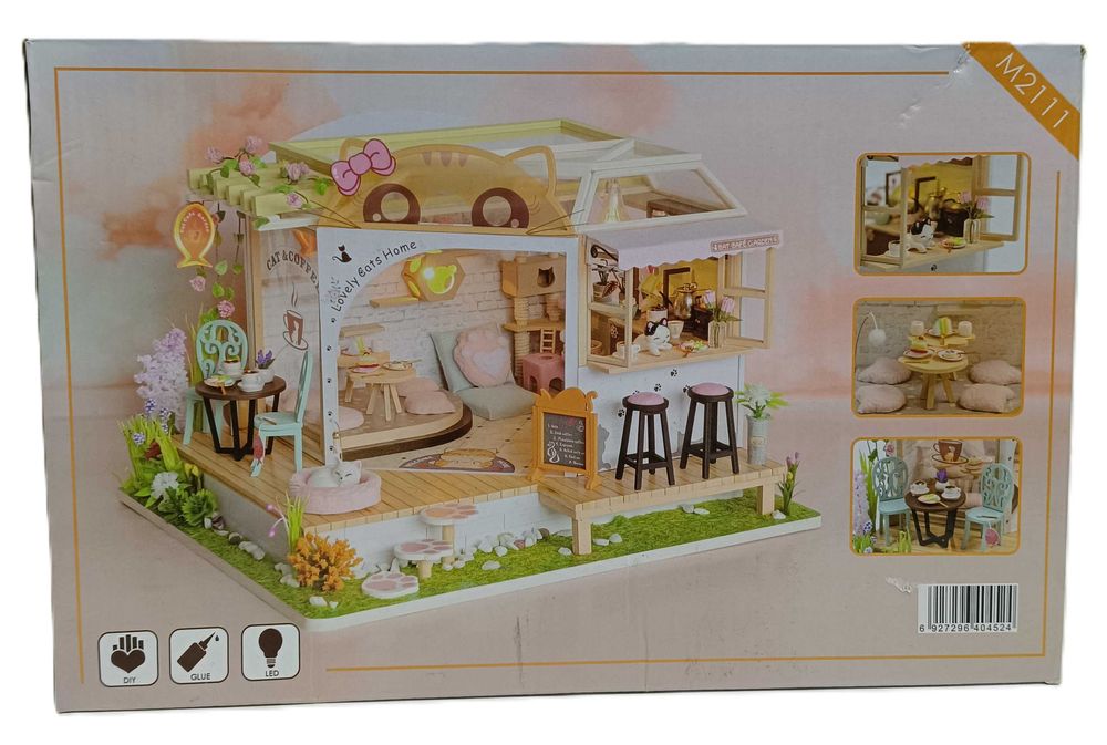 DIY Kocia kawiarnia z LED Miniaturowy domek dla lalek Handmade 1:24
