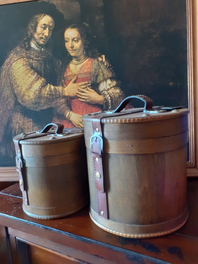 Conjunto 2 Caixas Cesto baú madeira decoração fivelas couro NOVO