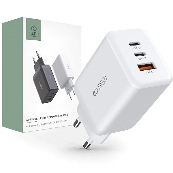 Tech-protect C65w 3-port Network Charger Pd65w/qc3.0 White