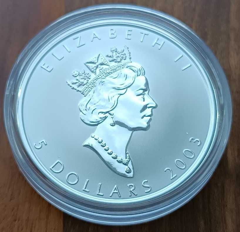 Срібна монета 5 Доларів, "Кленовий лист", 2003 року, 31.1 гр (1oz)