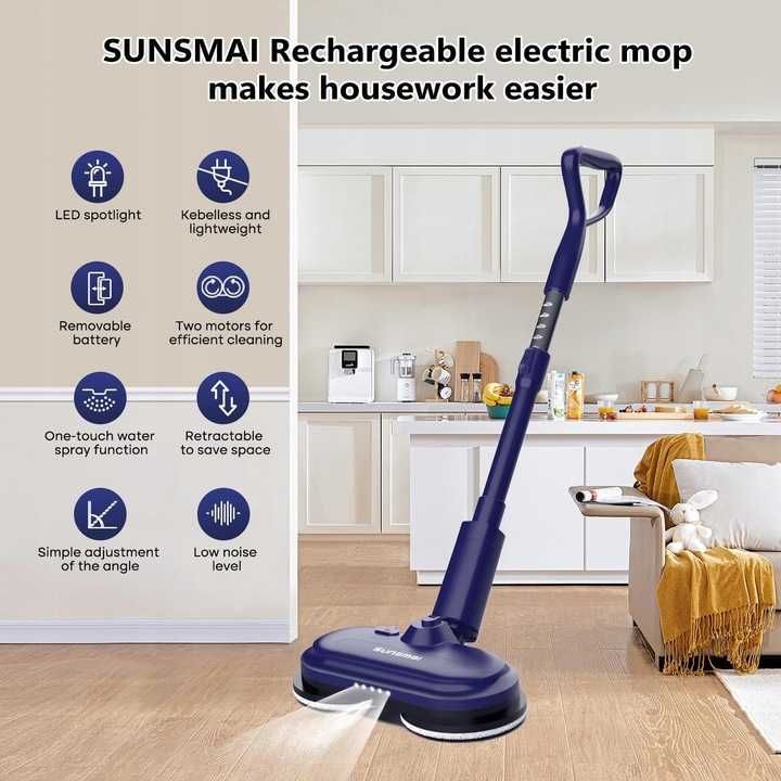 SUNSMAI Rozsuwany mop elektryczny, bezprzewodowy z podwójnym obrotem