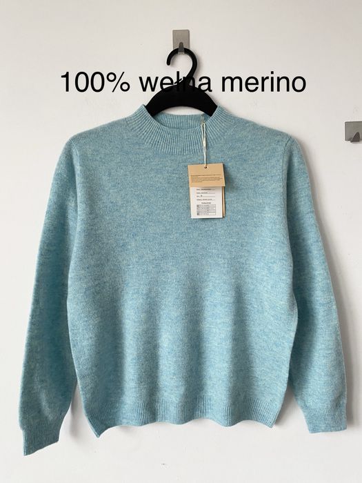 Nowy 100% wełna merino sweter półgolf merynos turkusowy