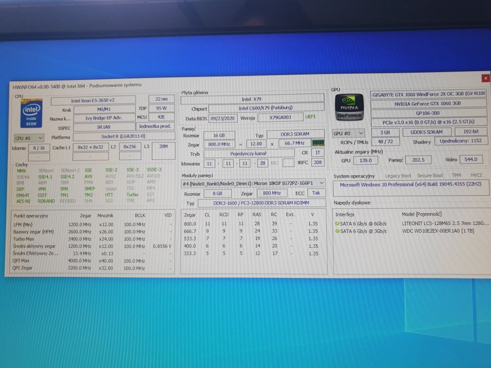 Komputer Xeon/i7 8/16 rdzeni, grafika GTX 1060, 16GB ram, dwa dyski