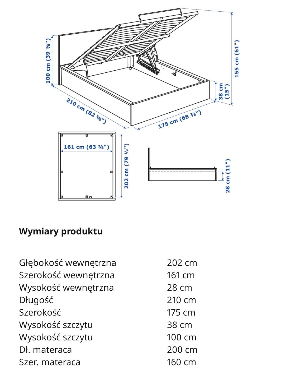 Łóżko Ikea Malm 160×200 z pojemnikiem.