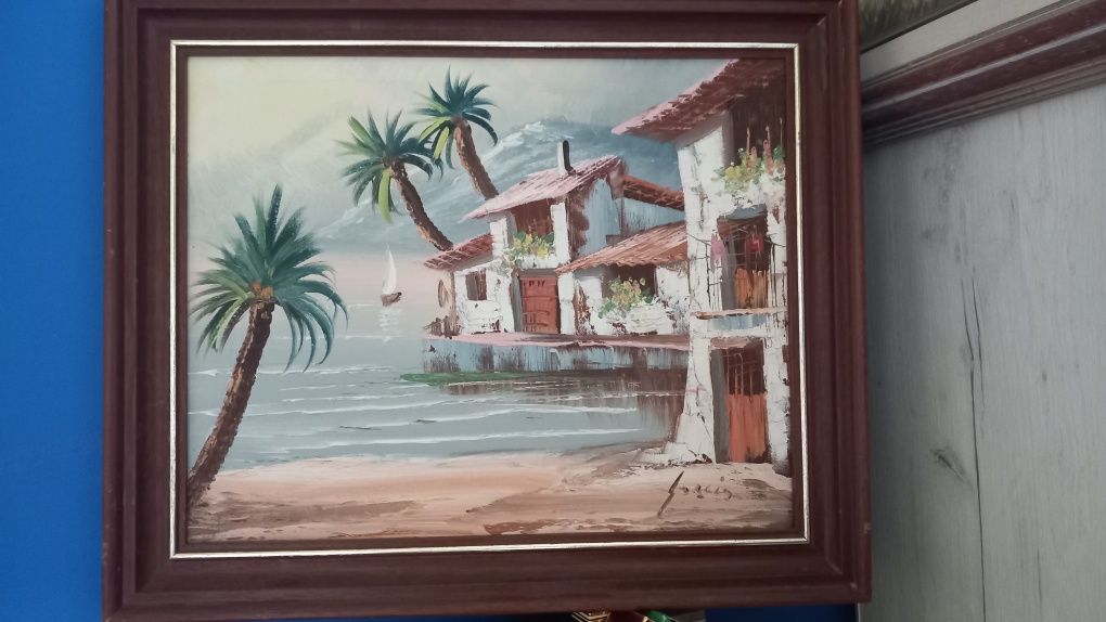 Francuski obraz malowany na płótnie w drewnianej ramie 50 x 41