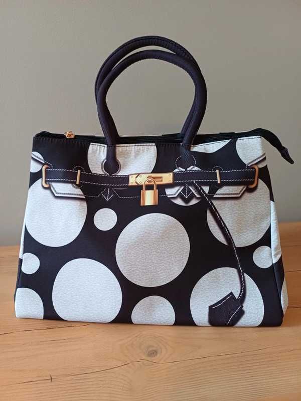 Torba shopper w białe kropki , pasek duża pojemność