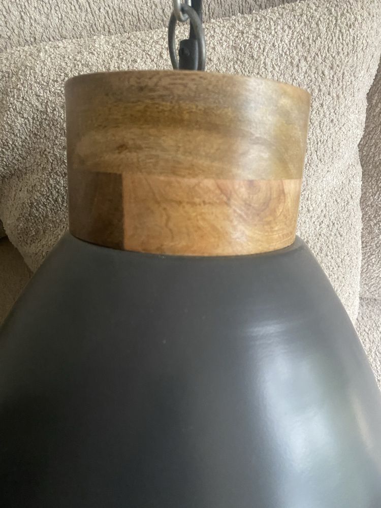 Industrialna lampa wisząca, szare żelazo i drewno, 35 cm, E27