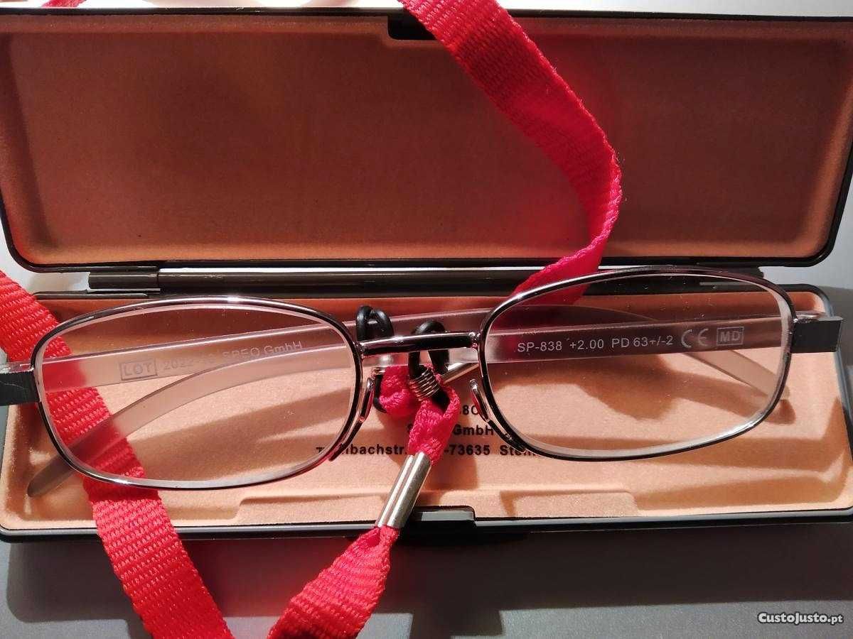 Óculos de leitura novos, 2.00+ com fita pescoço e caixa de transporte