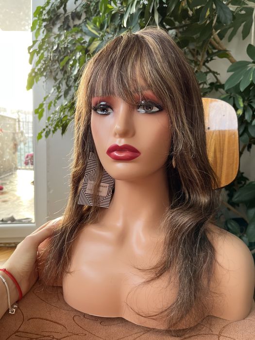 Peruka włosy naturalne z grzywka długa brązowa