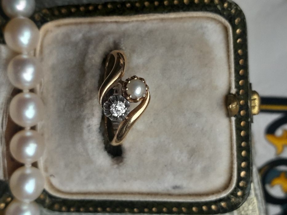 R.16 Pierścionek Paryż Antyk 1910 Złoto 750 Brylant Perła