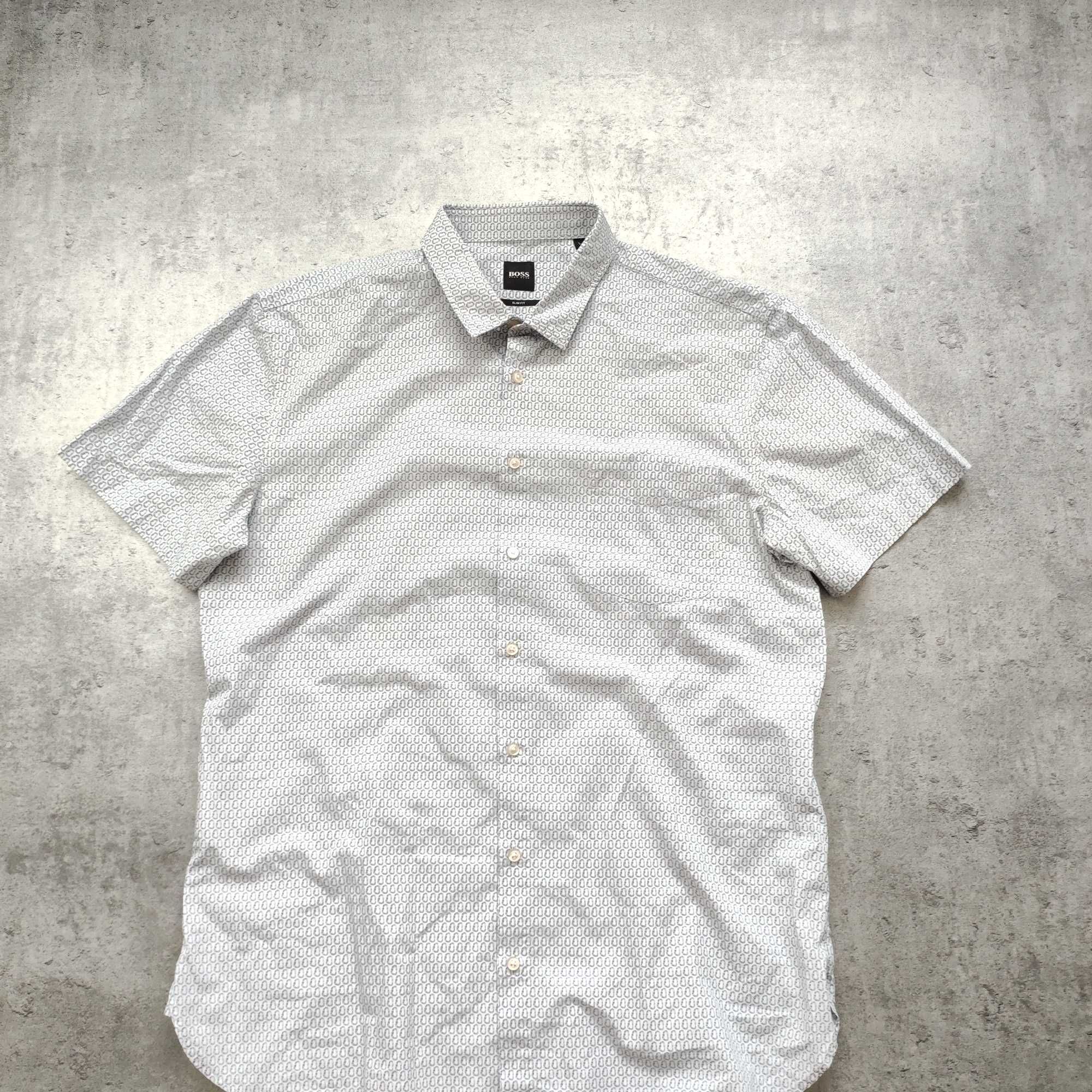 MĘSKA Elegancka Koszula Krótki Rękaw Wzorek Hugo Boss PREMIUM Casual