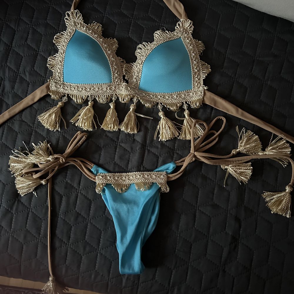 Bikini sexy turkusowe boho złote sexy frędzle insta S M push up