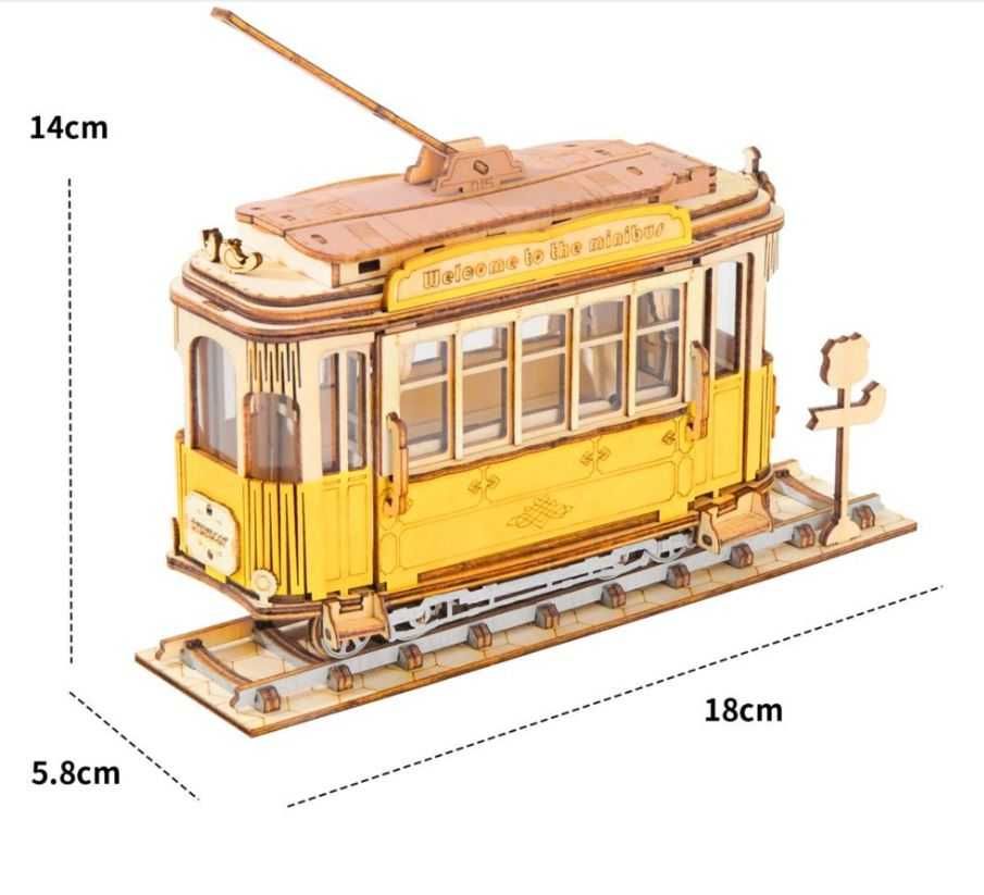 Puzzle de madeira 3D. Quebra-cabeças. O amarelo da Carris. Elétrico