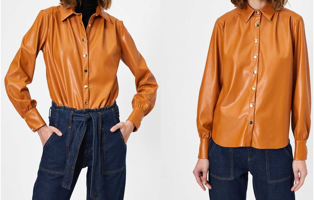 Кожаная рубашка на кнопках охра