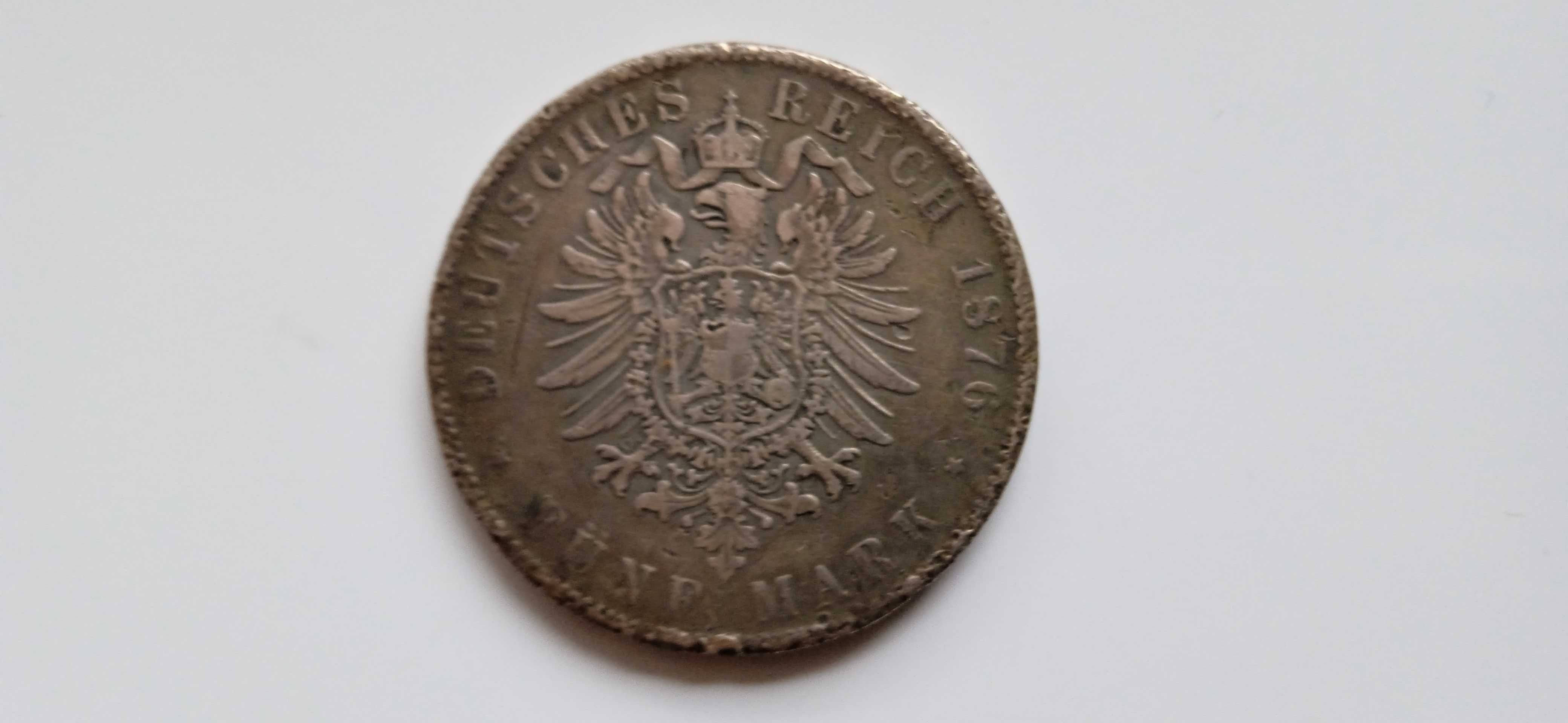 Srebrne 5 marek Ludwig II  1876 D Bawaria cesarstwo Niemieckie.