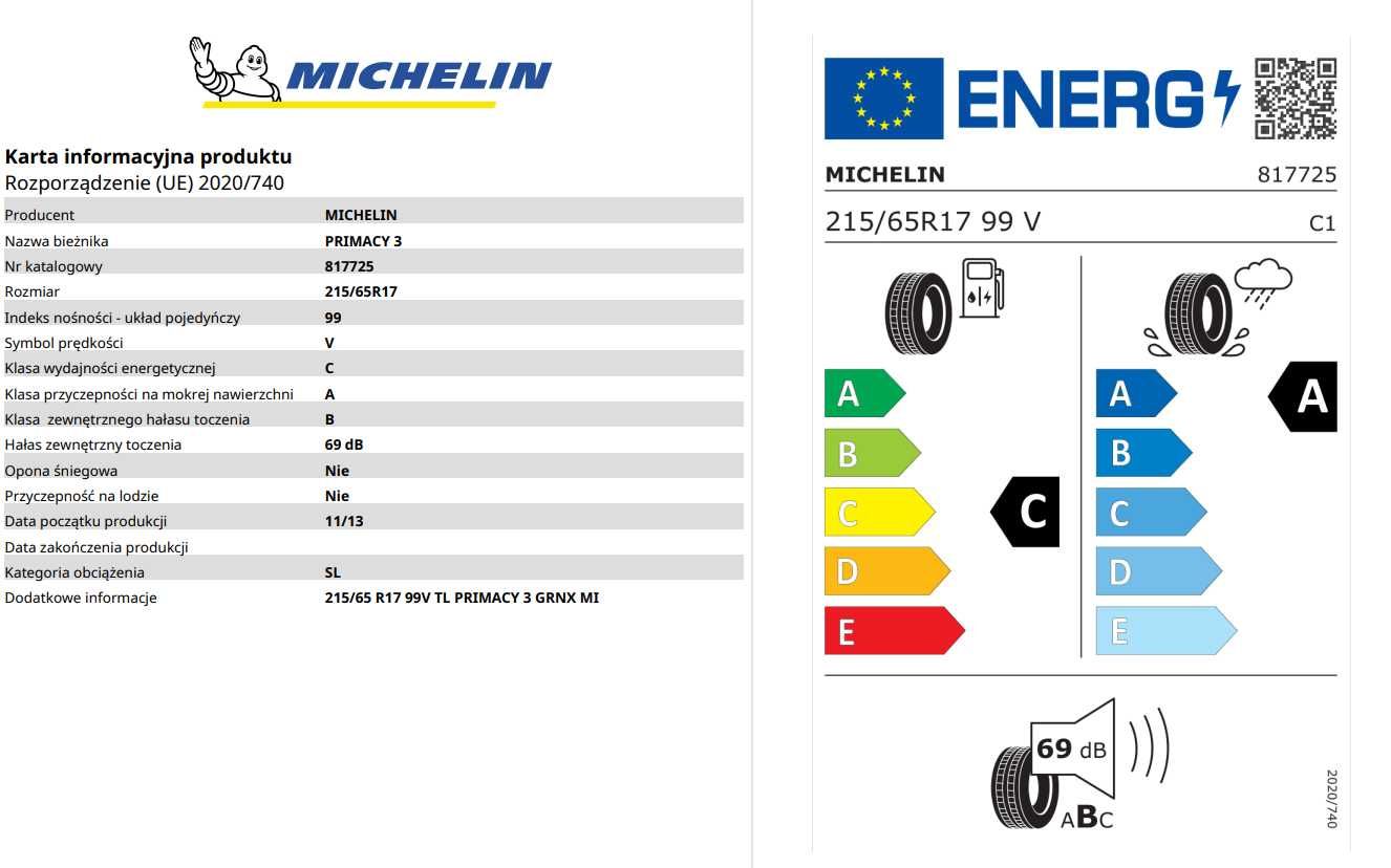 Opony letnie Michelin Primacy 3 215/65/R17