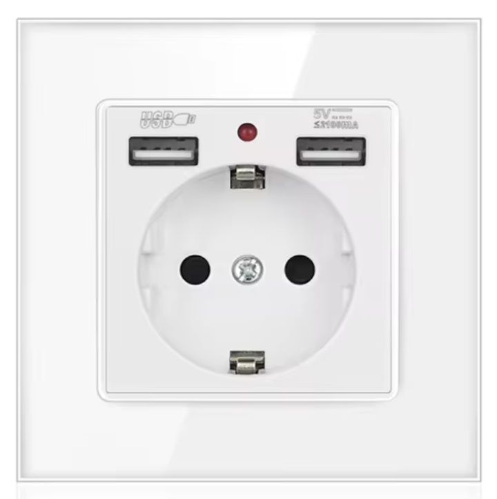 Ładowarka do telefonu 2 x USB 2100 mA z gniazdem 230V 16A panel szkło