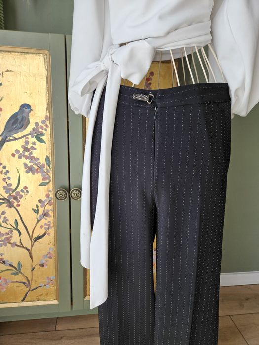 Eleganckie Spodnie damskie Czarne w Biały Prążek Proste Szerokie Nogaw