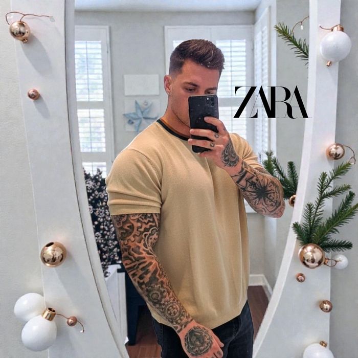 Dzianinowa koszulka męska Zara beżowa bawełniana nowa z metką