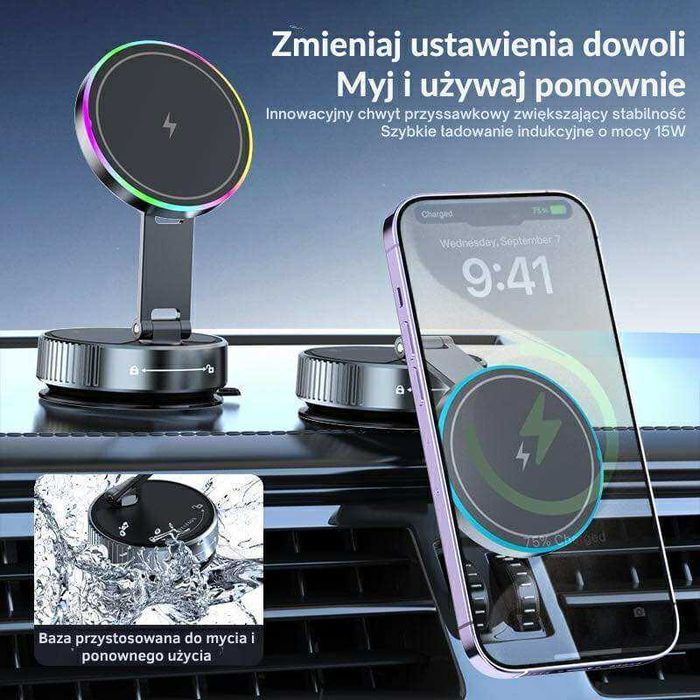 Magnetyczny uchwyt na telefon z ładowarką indukcyjną Magsafe LED 360°