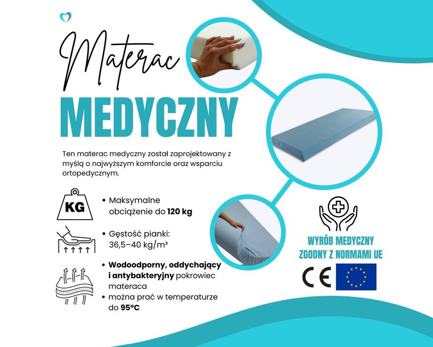Materac medyczny rehabilitacyjny 90x200 cm antybakteryjny wodoodporny