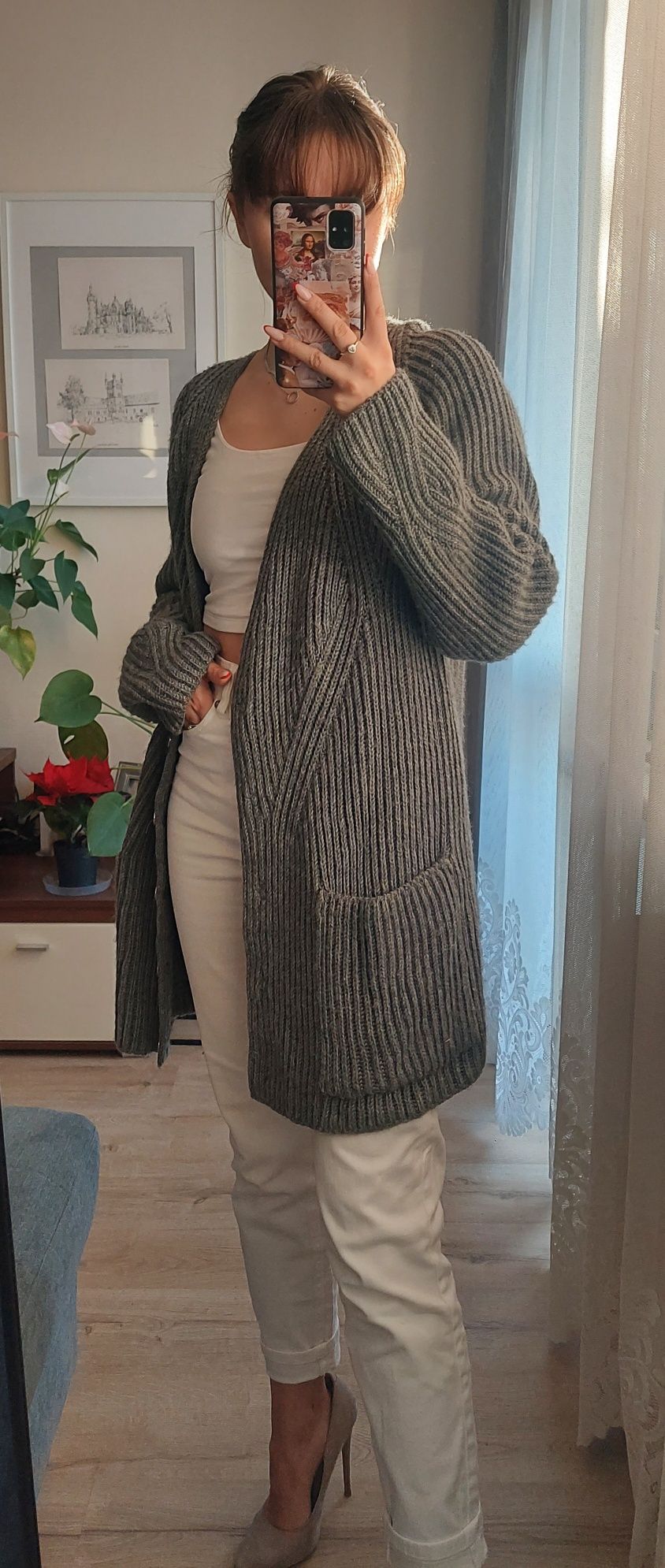 Ciemnoszary długi sweter oversize zapinany kardigan splot Zara Knit M
