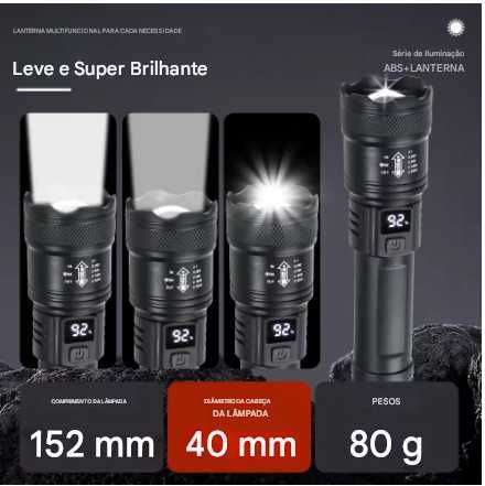 Forte Poder Lanternas LED, Tocha Tática, Display Luz, Carregamento USB