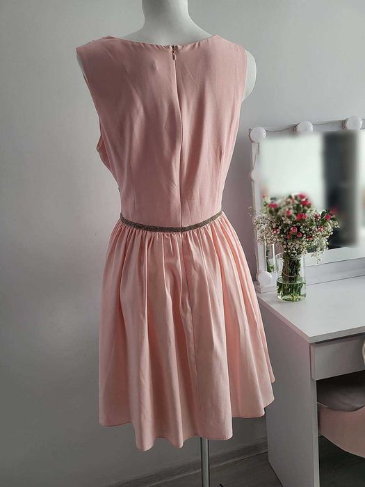 Sukienka rozkloszowana różowa kryształki wesele komunia chrzciny L XL