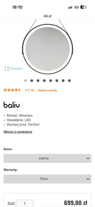 Lustro z lampą led belive 70 cm