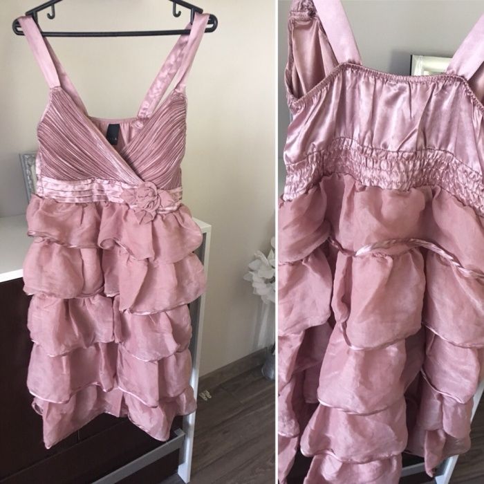 Sukienka wizytowa koktajlowa brudny roz falbanki Vila r s/m