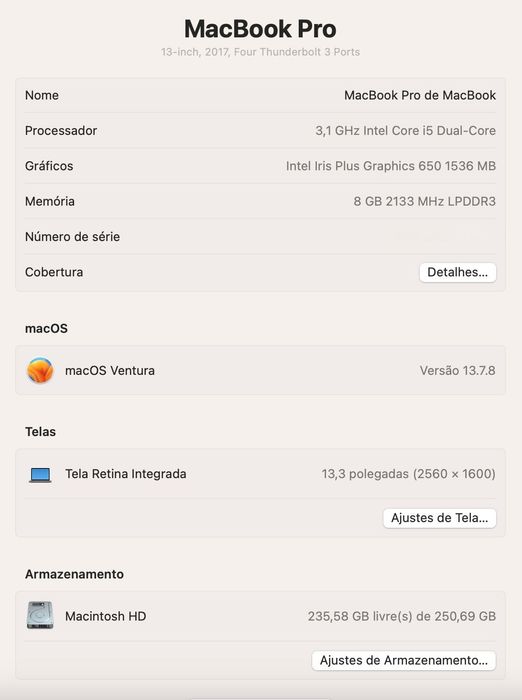 MacBook Pro 13” (2017) – i5 3.1 GHz – 8 GB – 256 GB – Excelente Estado