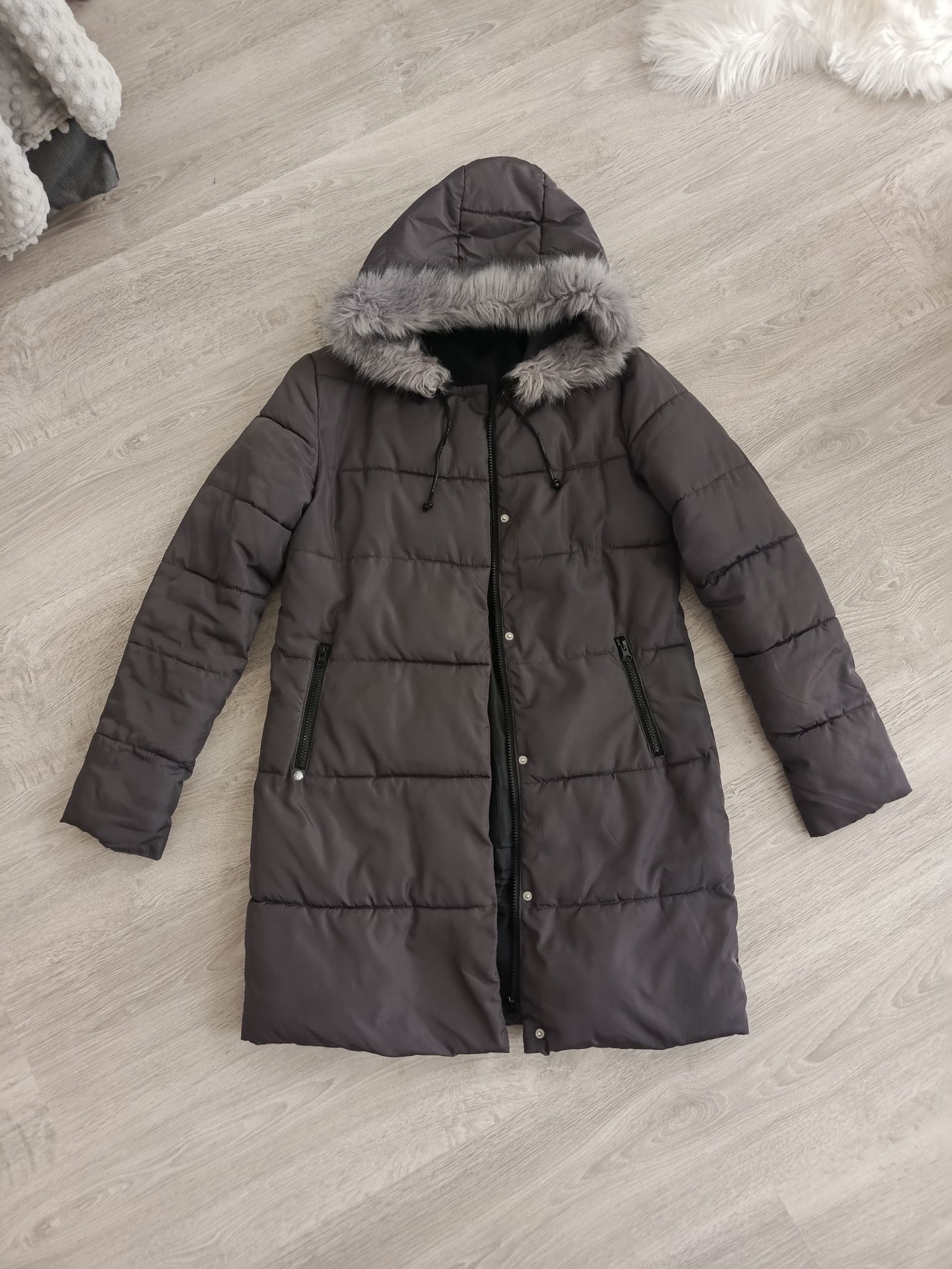 Szary puchowy zimowy płaszcz płaszczyk z kapturem parka H&M 36 S