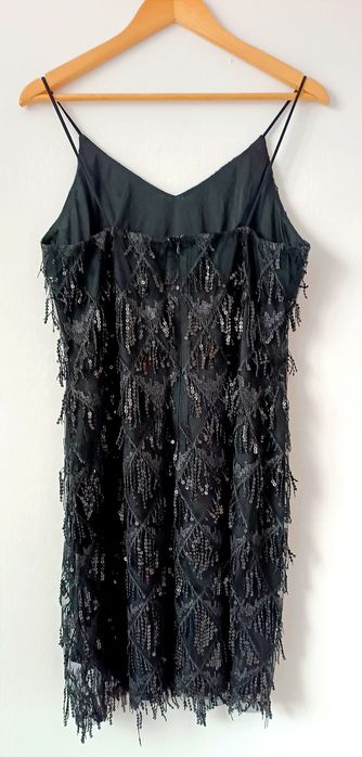NOWA piękna impezowa sukienka r. M/L - czarna, cekiny,frędzle - mini